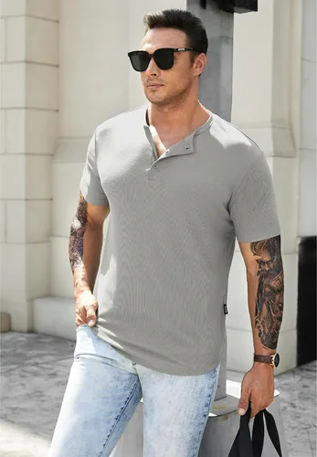 Vista 9 de JMIERR Camisas para hombre con cuello redondo y cuello redondo, camiseta atlética con botón
