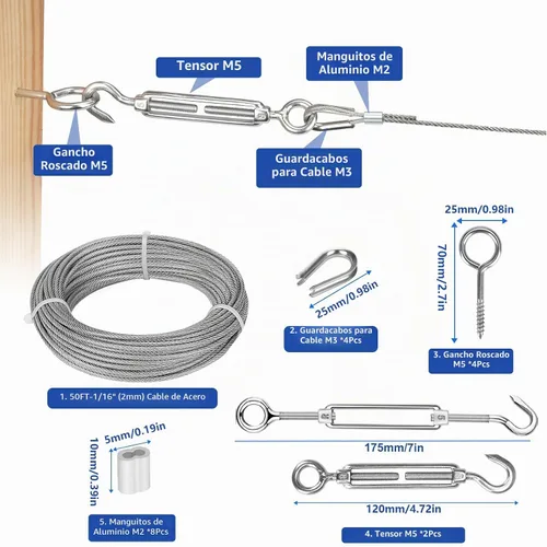 Vista 4 de Kit de enrejado de alambre TooTaci, cable de 50 pies 1/16" de acero inoxidable recubierto de vinilo, kit tensor tensor de M5, cable de acero
