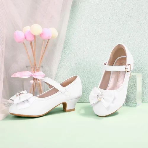 Vista 2 de PANDANINJIA Vestido de jada para niñas y niños pequeños, zapatos de princesa Mary Jane con tacones con lazo para fiesta, boda, boda