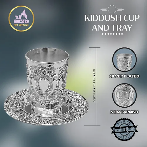 Vista 3 de Ner Mitzvah Kidush Taza y bandeja – Taza de vino niquelada de alta calidad – para Shabat y Havdalah – Judaica Shabbos y regalo de vacaciones
