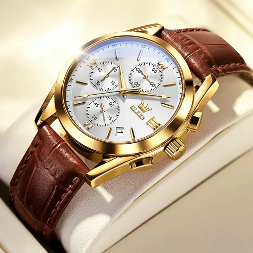 Vista 2 de OLEVS Reloj cronógrafo de cuarzo para hombre correa de cuero dorada con fecha de día reloj de pulsera de acero inoxidable impermeable relojes