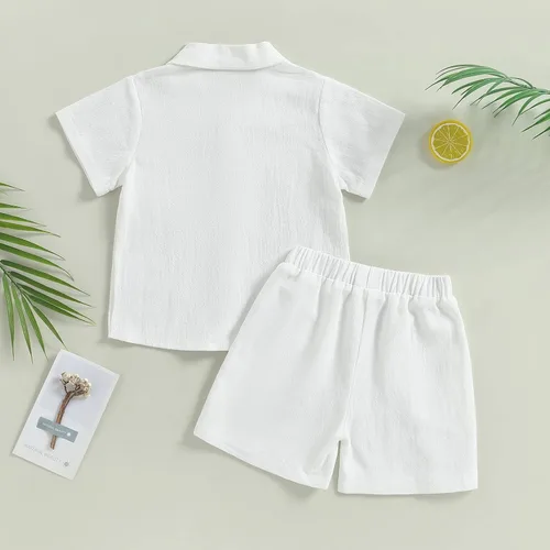 Vista 3 de BULINGNA Conjunto de 2 piezas de camiseta de manga corta con botones y pantalones cortos para bebé, algodón, lino, verano