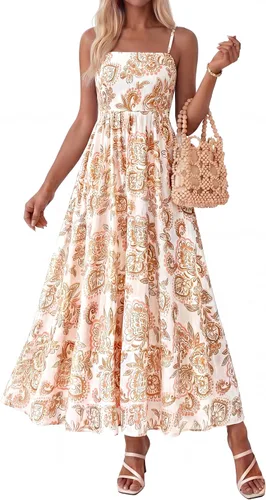 Vista 13 de PRETTYGARDEN Vestido largo de verano para mujer, con tirantes delgados, bohemio, floral, a rayas, para invitadas de boda, playa, vacaciones, vestido