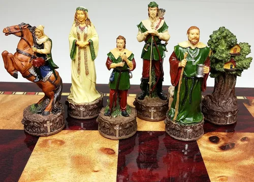 Vista 3 de Medieval Times Robin Hood vs Sheriff of Nottingham - Juego de ajedrez con tablero de almacenamiento de color cereza y Burlwood de alto brillo de 17