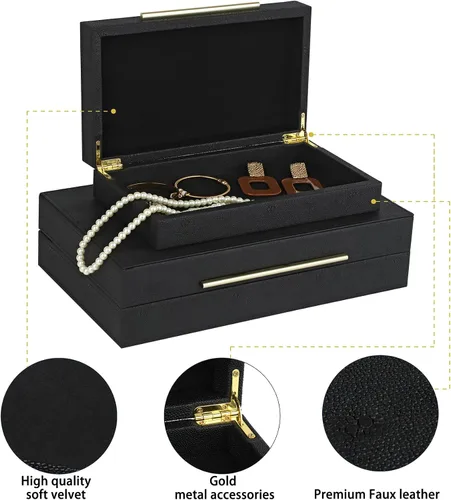 Vista 3 de HofferRuffer Juego de 2 cajas decorativas de piel sintética, organizador de accesorios grande de recuerdos, organizador de joyas con tapa con Negro