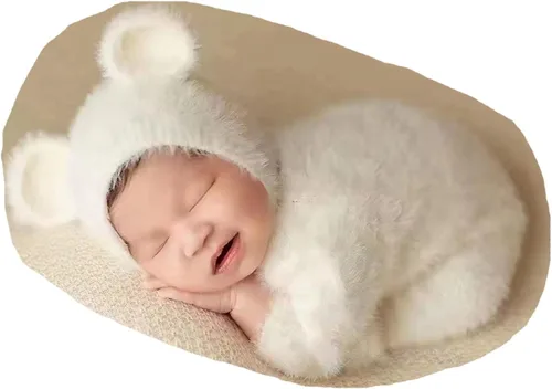 Vista 9 de 2 piezas de accesorios de fotografía para recién nacidos, trajes de fotos para niños, sesiones de fotos de bebé, disfraz de niña con sombrero de oso