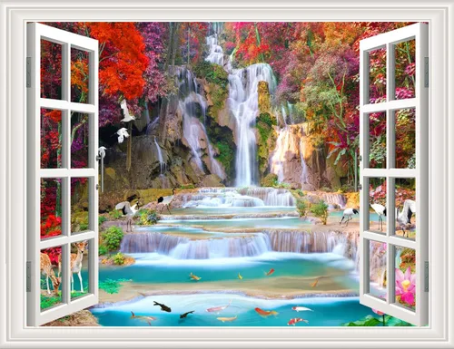 Vista 10 de Pintura autoadhesiva 3D, calcomanías de pared falsas para ventana, isla tropical con palmeras, mural de pared, vista de ventana, decoración de pared