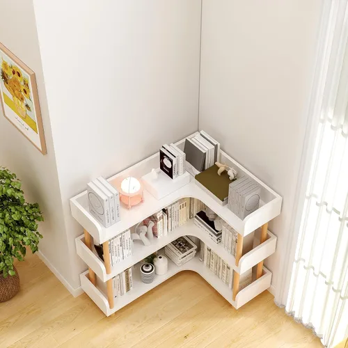 Vista 8 de Estantería esquinera reversible de madera, moderna estantería en forma de L de 3 niveles con marco de madera maciza y protección de bordes