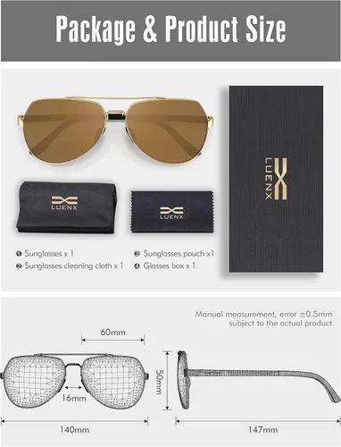 Vista 6 de Lentes para aviador Luenx polarizados para hombres y mujeres con armazón de metal grande protección UV 400