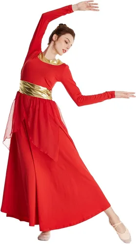 Vista 3 de MYRISAM Mujeres Alabanza Bata de Baile Culto Litúrgico Cintura Metálico Vestido de Manga Larga Falda de Gasa Traje Lírico
