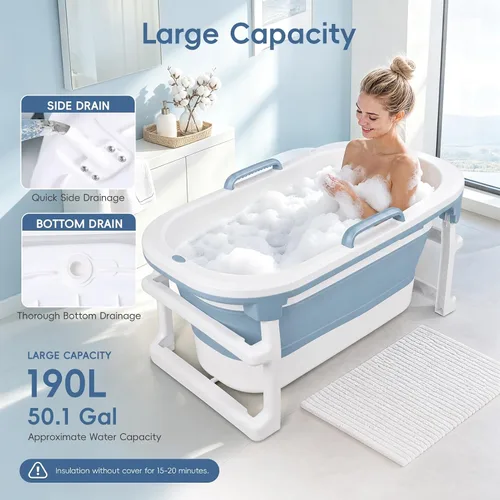 Vista 6 de Foldable Bathtub for Adults, Extra Large Insulated Soaking Tub Blue