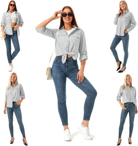 Vista 6 de Camisas de manga larga para mujer secado rápido protección UV convertibles para senderismo campamento pesca navegación