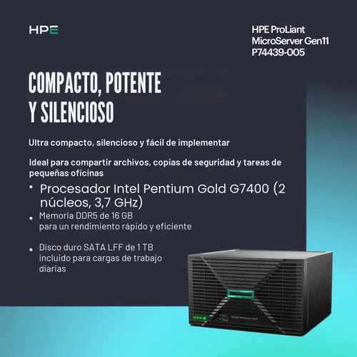 Vista 3 de Hewlett Packard Enterprise ProLiant MicroServer Gen11 Tower Server, procesador Intel Pentium Gold G7400, memoria de 16 GB, almacenamiento HDD de 1