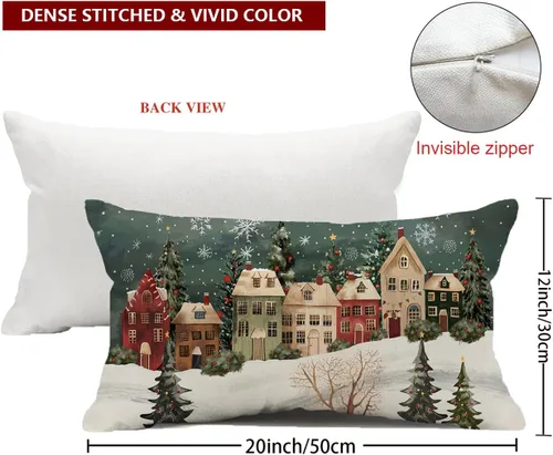 Vista 2 de Funda de almohada rectangular decorativa lumbar de invierno de 12 x 20 pulgadas, diseño de copos de nieve, casa del bosque de las maravillas, funda