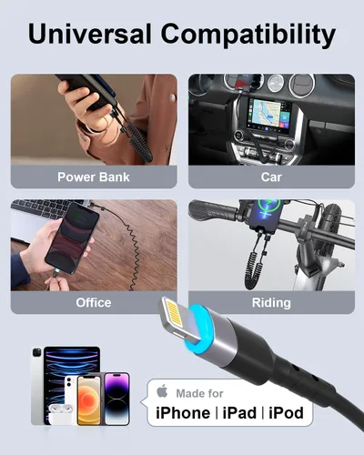 Vista 7 de Cable Lightning en espiral, 2 unidades, 3 pies, cable iPhone para automóvil, Apple CarPlay [certificado MFi], carga corta USB a Lightning compatible