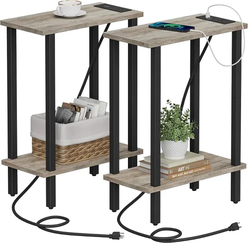Vista 13 de TUTOTAK - Mesa auxiliar pequeña con estación de carga; mesa lateral estrecha con puertos USB y tomas de corriente; mesa de sofá delgada; mesita