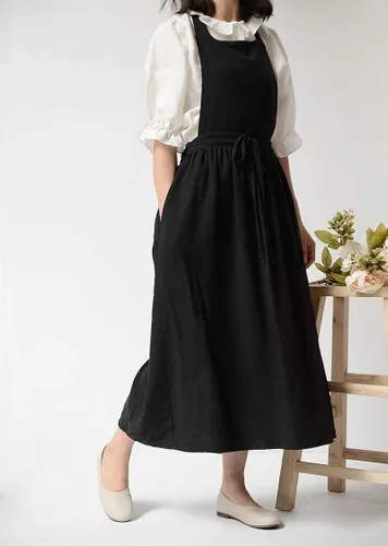 Vista 4 de Delantal largo de algodón plisado con espalda en X para cocina, jardín, floristería, ropa de trabajo, vestido con babero