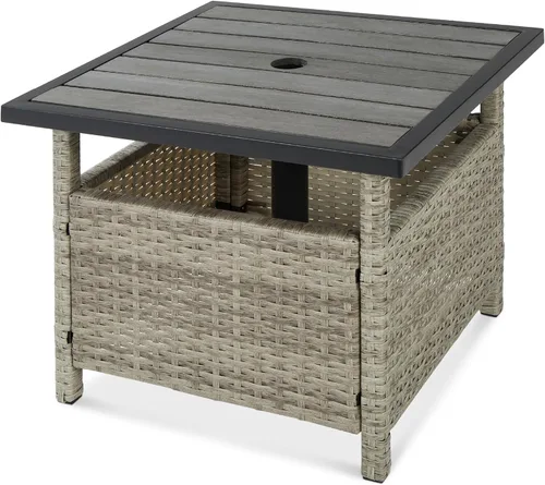 Vista 8 de Best Choice Products Mesa auxiliar de mimbre con agujero para paraguas, mesa auxiliar cuadrada de ratán de polietileno para patio, jardín, piscina