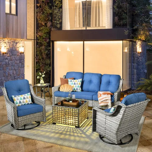 Vista 11 de HOOOWOOO Sofá de patio de 3 plazas de mimbre para exteriores, resistente a todo tipo de clima, con respaldo alto, muebles a juego (beige y bronceado)