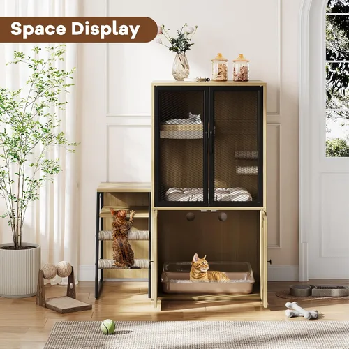 Vista 3 de Caja de arena para gatos para 2 gatos y puertas, casa doble para gatos con espacio de almacenamiento, casa de juegos para gatos con hamaca y puerta