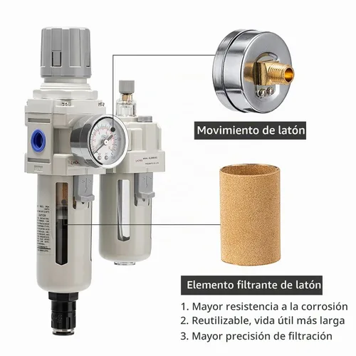 Vista 4 de Regulador de presión de aire con medidor de presión (0-150PSI), separador de agua para compresor de aire, drenaje automático, interfaz roscada 1/2