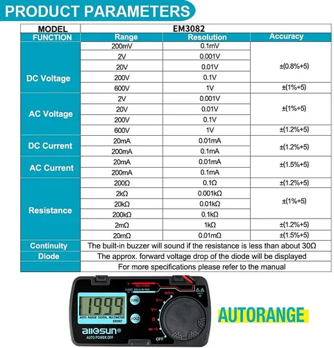 Vista 7 de allsun Mini rango automático plegable multímetro digital probador automotriz AC DC Volt AMP Ohm LCD Voltímetro de viaje Amperímetro probador