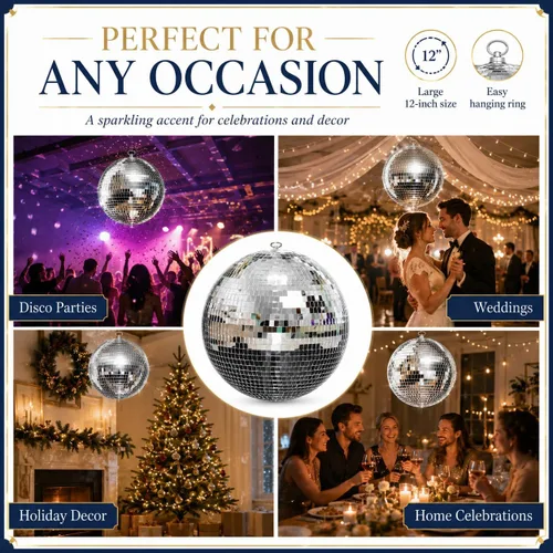 Vista 8 de Youdepot - Paquete de bolas de discoteca de 12 y 16 pulgadas, decoraciones de bola de espejo plateada para fiestas, bodas, Navidad y decoración