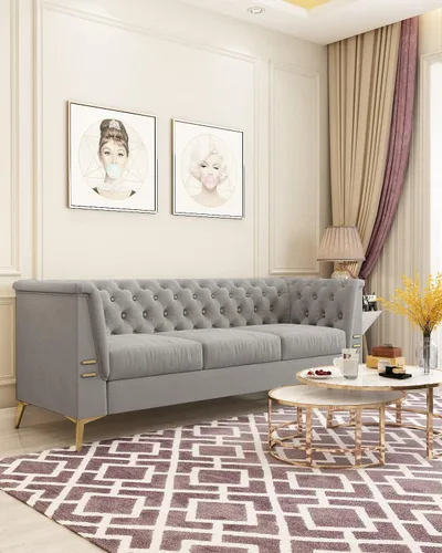 Vista 5 de Sofá de terciopelo de 82 pulgadas con patas de metal para sala de estar y dormitorio (gris claro)