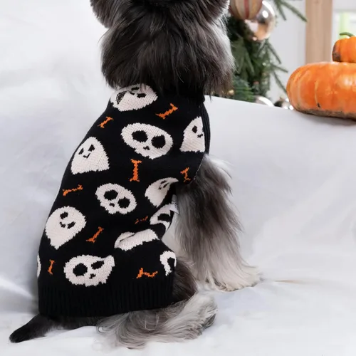 Vista 4 de CuteBone Suéter de calavera de Halloween para perros pequeños, cuello alto, ropa de invierno para mascotas, ropa de gato con agujero para arnés