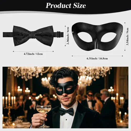Vista 2 de Máscara de mascarada para hombre con corbatín, disfraz de fiesta de graduación de Mardi Gras de Halloween