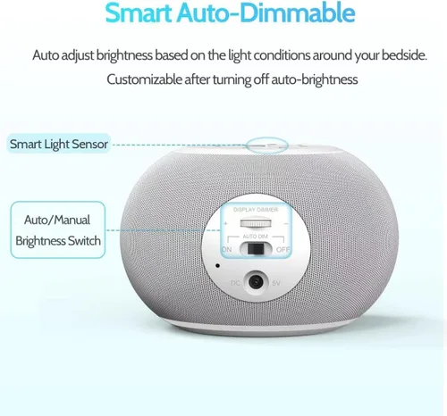 Vista 3 de REACHER - Máquina de sonido con atenuación automática y reloj de alarma con luz nocturna, 20 sonidos relajantes, pantalla digital LED, temporizador