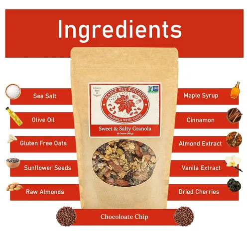 Vista 4 de Maple Nut Kitchen Granola dulce y salada - Sin gluten y vegana Nutty Bliss con almendras de arce, chocolate y cerezas 10 onzas