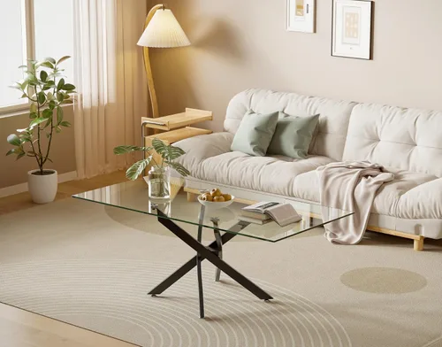 Vista 5 de Mesa de centro de vidrio templado con patas de metal, mesa rectangular moderna para sala de estar en casa, oficina, sala de estar