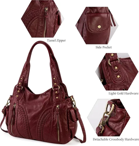 Vista 6 de Montana West Bolsos Hobo de cuero lavado para mujer, bolsos espaciosos con correa cruzada
