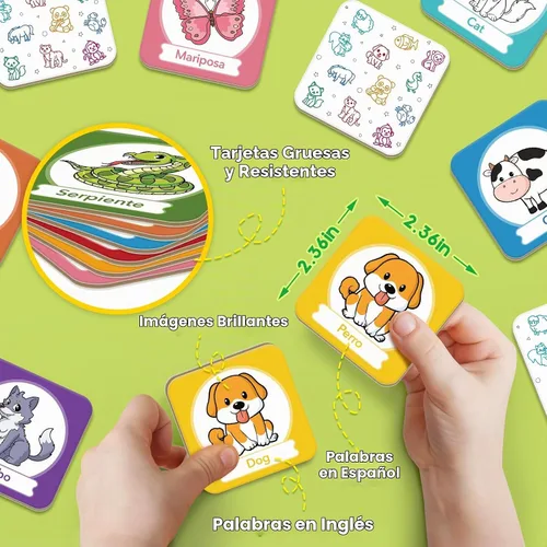 Vista 5 de Edulok Juego de tarjetas de memoria, juego de partidos para niños pequeños, aprender español para niños, tarjetas flash bilingües, juguetes