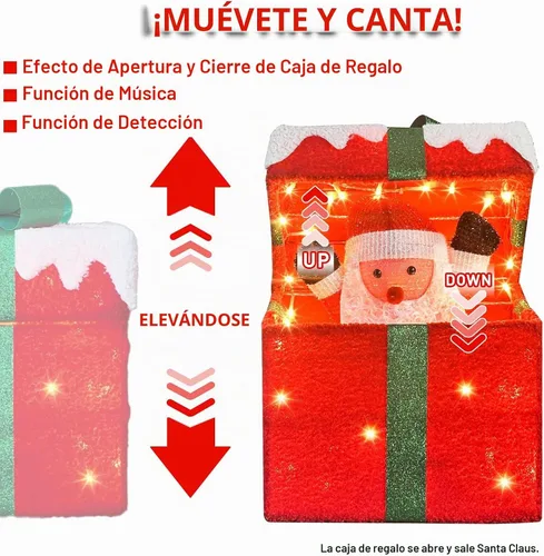 Vista 3 de PEIDUO Papá Noel de Navidad animado en caja de regalo iluminada, luces decorativas de música navideña con sensor de movimiento, decoraciones