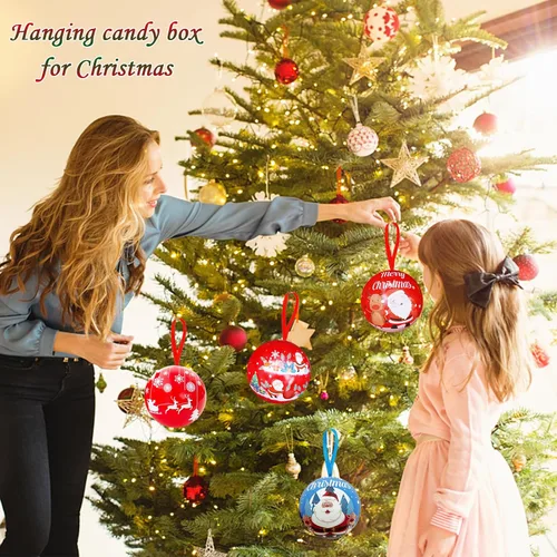 Vista 5 de Paquete de 12 cajas de bolas de caramelo de Navidad, decoración para colgar, hojalata de bolas de árbol de Navidad, frascos colgantes