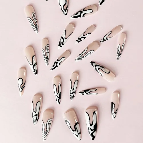 Vista 2 de 24 piezas de uñas postizas almendradas a presión de longitud media, puntas de uñas estilo stiletto, uñas postizas reutilizables con diseño de rayas