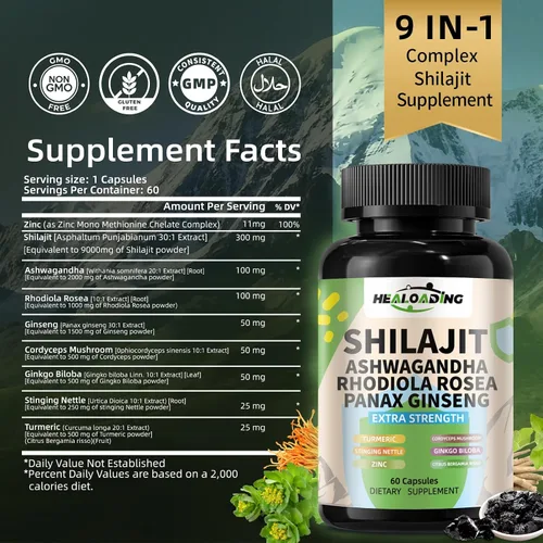 Vista 2 de Cápsulas de Shilajit del Himalaya: extracto purificado de Shilajit del Himalaya – Apoyo de energía natural y resistencia, vegano, sin OMG antiguo
