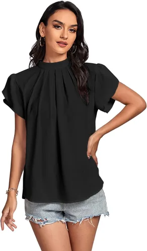 Vista 5 de LYANER Blusa básica plisada de manga corta con cuello alto falso para mujer