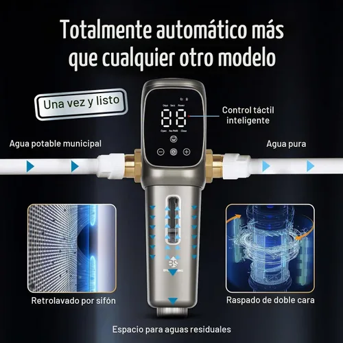 Vista 6 de Filtros de sedimentos giratorios automáticos de 40 micrones, descarga y drenaje automático de pantalla táctil, cabezal giratorio de 360°, filtro
