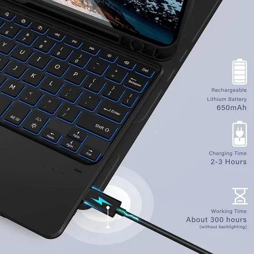 Vista 5 de Funda de teclado retroiluminada para Galaxy Tab A8 de 10.5 pulgadas, modelo 2021 SM-X200/X205/X207, funda de soporte de piel sintética con teclado