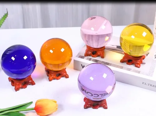 Vista 5 de Bola de Cristal Ámbar Pequeña 60mm/2.3 pulgadas con Soporte de Madera Rosa y Caja de Regalo para Fotografía de Lensball, Adivinadora, Feng Shui