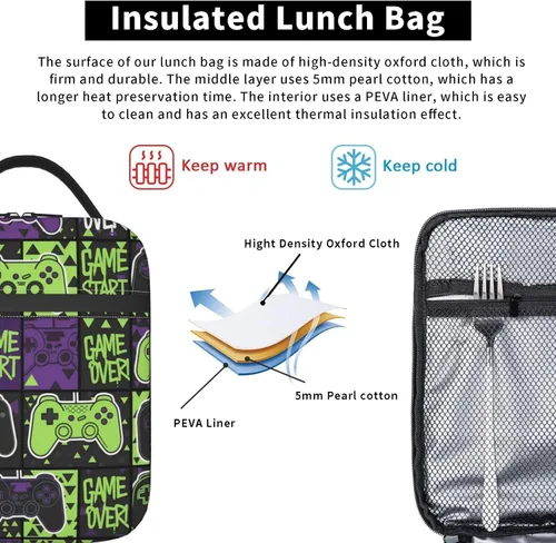 Vista 4 de Bolsa de almuerzo aislada con control de juegos morado y verde para adultos, mujeres y hombres, a prueba de fugas con asa de hebilla desmontable 8