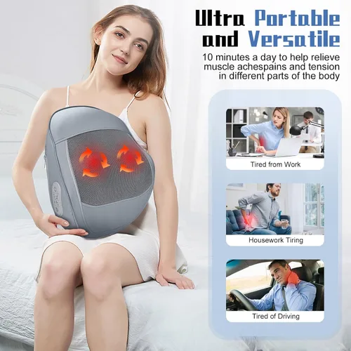 Vista 6 de Masajeador de espalda y cuello recargable con calor, almohada de masaje 4D de tejido profundo para aliviar el dolor, masajeador eléctrico