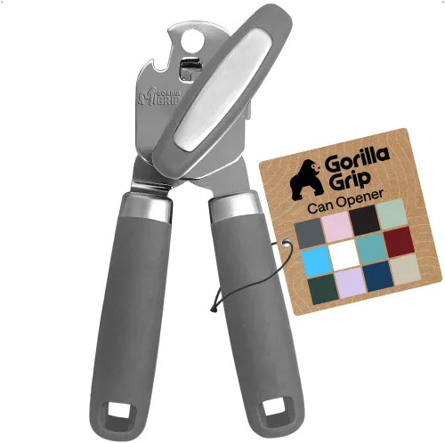Vista 18 de GORILLA GRIP - Abridor de latas manual de acero inoxidable resistente con borde liso y abridor de botellas, mango suave y cómodo, perilla giratoria