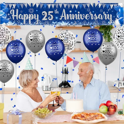 Vista 5 de Decoraciones azules plateadas para el 25 aniversario para hombres y mujeres, pancarta azul feliz 25 aniversario y 18 globos para suministros