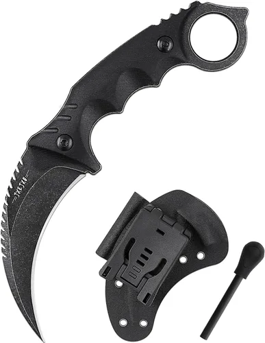 Vista 9 de JXE JXO Cuchillo táctico EDC con funda, cuchillo de acero duradero 420HC Karambit de hoja fija para exteriores, cuchillo de supervivencia con mango