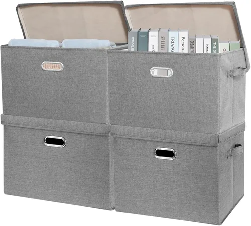 Vista 16 de SNWDN Paquete de 4 contenedores plegables de tela con tapas, caja de almacenamiento de tela con tapas para organizadores de armario y almacenamiento