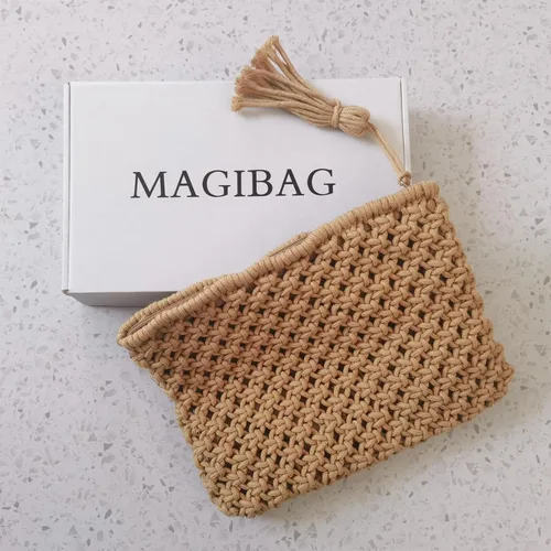 Vista 7 de Magibag Bolso de mano con borla de ganchillo, bolsa de mano de algodón, macramé, bolso de mano tejido a mano, bolso de pulsera con cremallera